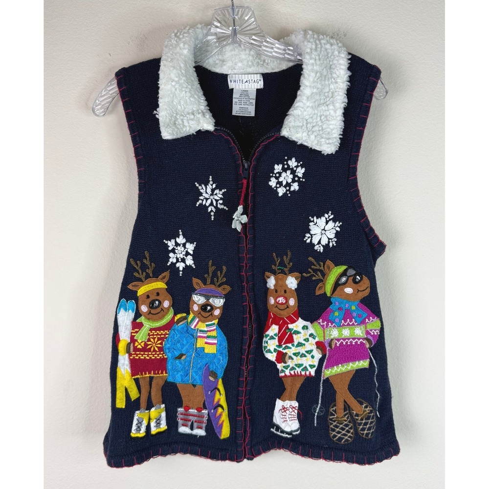 White Stag Sweater Teacher Vest Women L Navy Reindeer Zip Up Faux Fur Collar